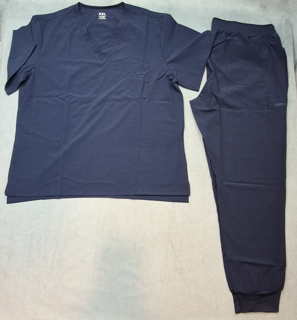 COZYFIT Men Scrubs Set Navy Stretch V-Neck Scrub Top & Jogger Pant 8 Pockets